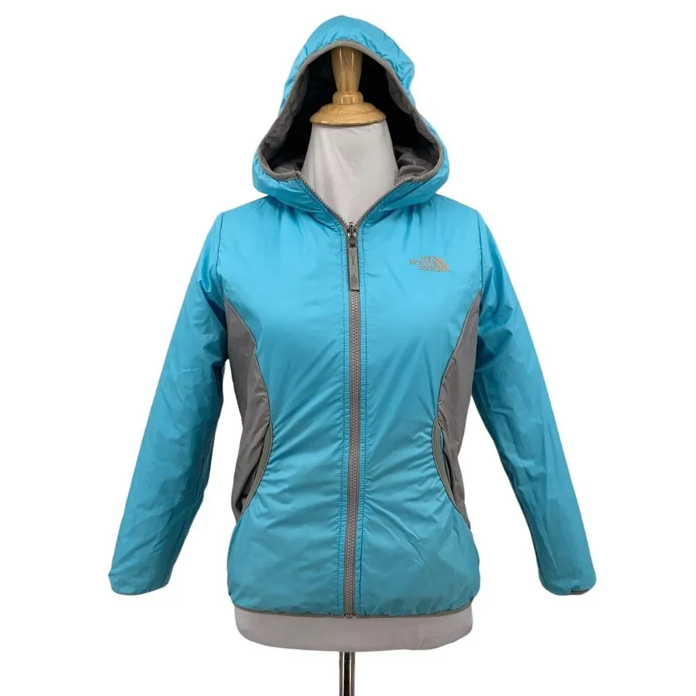 The North Face Reversible Jacket Girls Youth M Medium Aqua Grey Quilted Filled